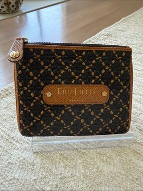 Eric Javits Black Woven/Tan Zip Slim Pouch/Card Holder with Tan Trim